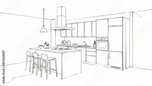 Modern Kitchen Interior Design Sketch with Island and Bar Stools.