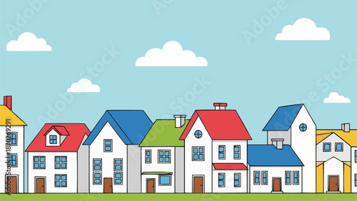 Row of colorful cartoon houses under a blue sky with clouds.