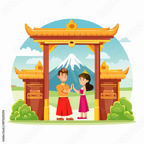 Couple under Chinese archway with mountain nyepi day.
