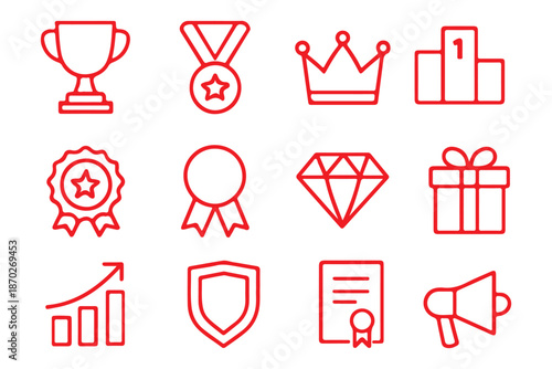 Reward set of web icons in line style. A collection of linear icons representing various reward concepts, including gift, trophy, recognition, reward program, medal, bonus, and more. Editable stroke