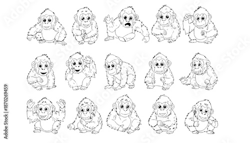 Set of handrawn black and white orangutan variant poses activity cartoon. coloringbook for kids