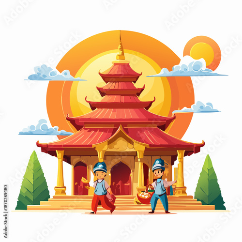 Asian Buddhist temple with monks at sunset nyepi day.