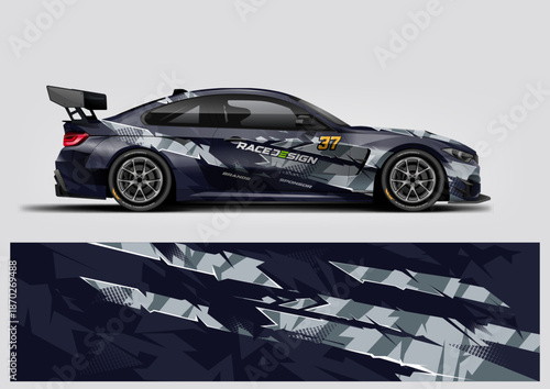 Dark themed race car livery with sharp grey abstract patterns for a stealth motorsport look.