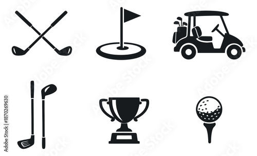 Modern glyph golf set featuring clubs, flag, cart, trophy, and ball for leisure activity design