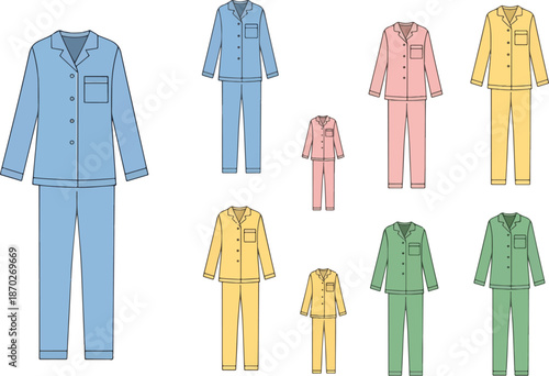 Pajama set illustrations in blue pink yellow and green showing various sizes