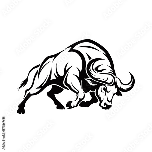A powerful black and white illustration of a charging bull with large horns and muscular body.