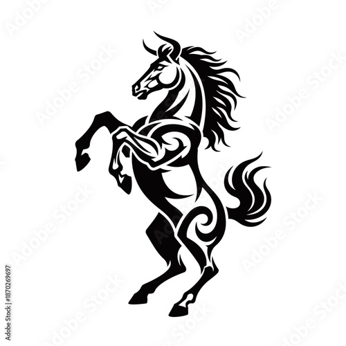 A striking black and white illustration of a powerful horse rearing up on its hind legs with a flowing mane and tail.