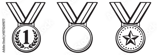 Hand drawn line art medal set featuring first place, a blank, and star designs for success and competition