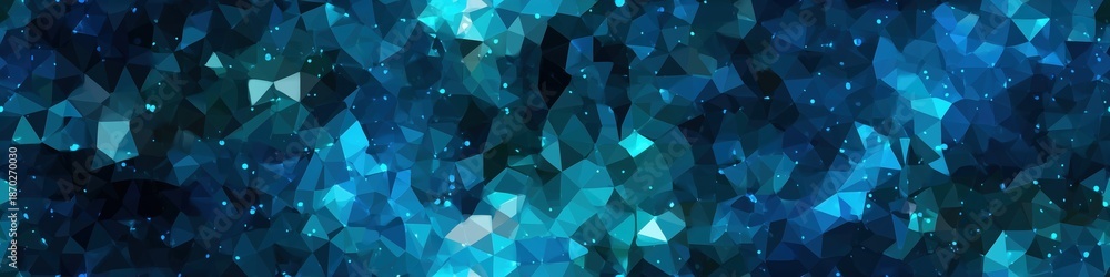 Obraz premium Seamless abstract low-poly background with a horizontal composition of bright cyan and deep blue crystalline triangle shapes, sparkling with small lights. Digital and geometric.