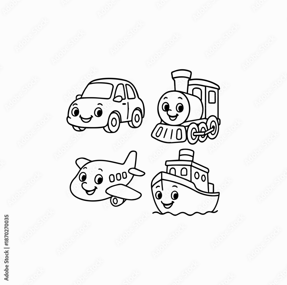 Obraz premium Vehicles with Friendly Faces Coloring Page for Kids