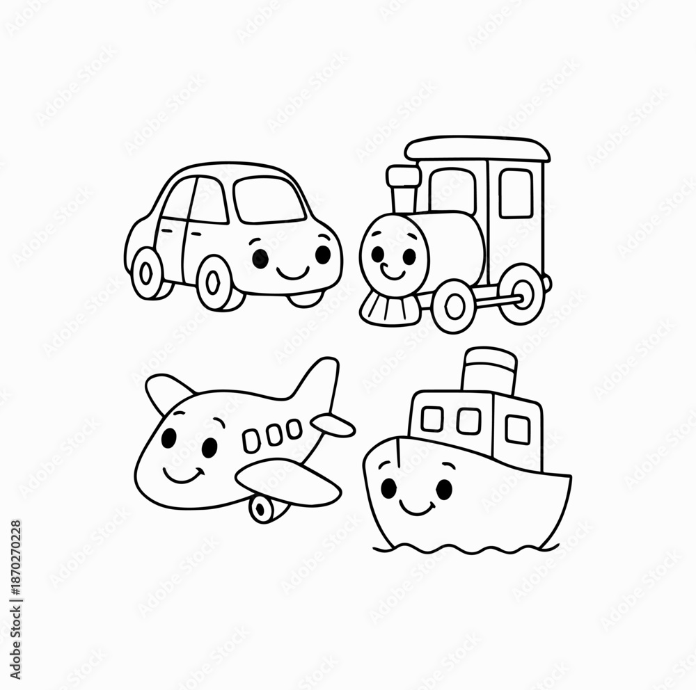 Obraz premium Vehicles with Friendly Faces Coloring Page for Kids