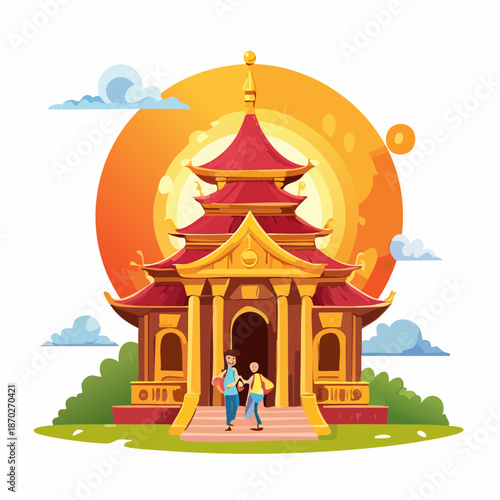 Couple Visiting Chinese Temple at Sunset nyepi day.