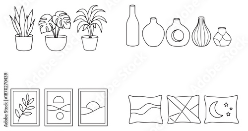 Hand drawn line art home decor set featuring potted plants, decorative vases, wall art, and cushions for interior design