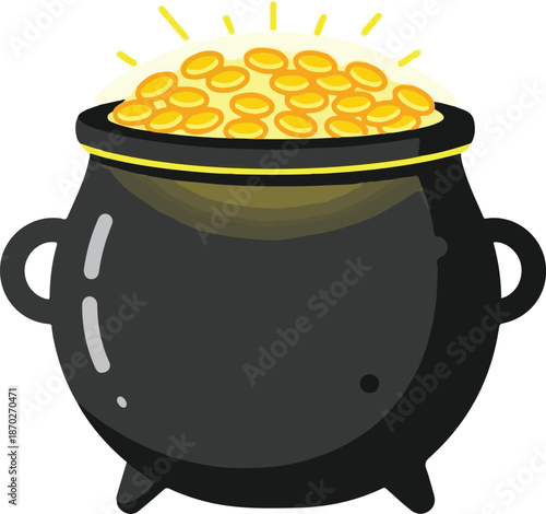 Gold Coins in a Black Cauldron A Symbol of Wealth and Prosperity, Perfect for Illustrations