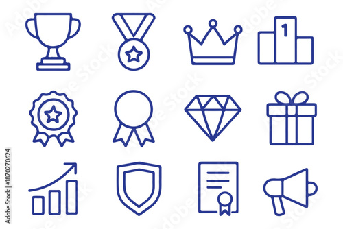 Reward set of web icons in line style. A collection of linear icons representing various reward concepts, including gift, trophy, recognition, reward program, medal, bonus, and more. Editable stroke