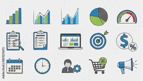 Collection of business and finance icons and graphics.