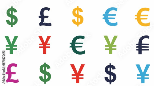 Collection of colorful currency symbols from around the world.