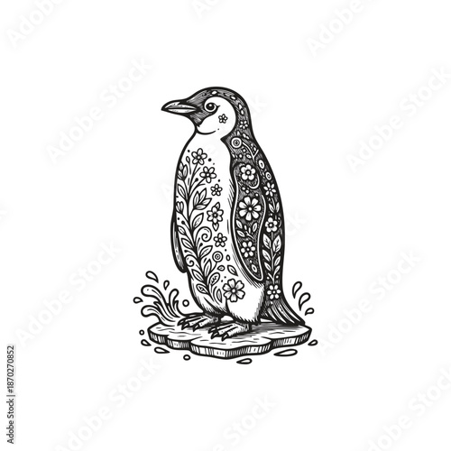 Artistic penguin illustration standing on a small ice floe, featuring intricate floral patterns, blooming flowers, and botanical leaf details across its body and wings, decorative black and white