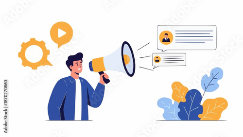 Man holding megaphone announcing important news with speech bubbles.