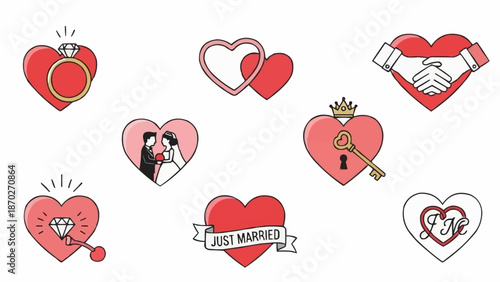 Collection of heart shaped wedding symbols and icons.