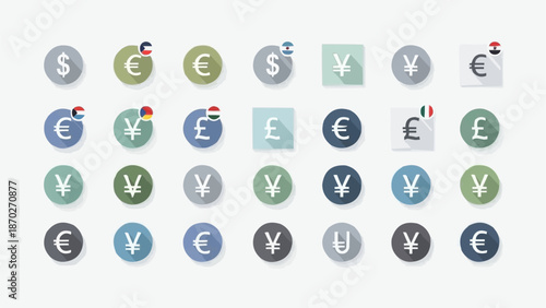 Collection of Currency Symbols Icons Representing Global Finance.