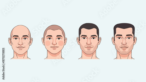Four stages of male hair loss progression shown on faces.