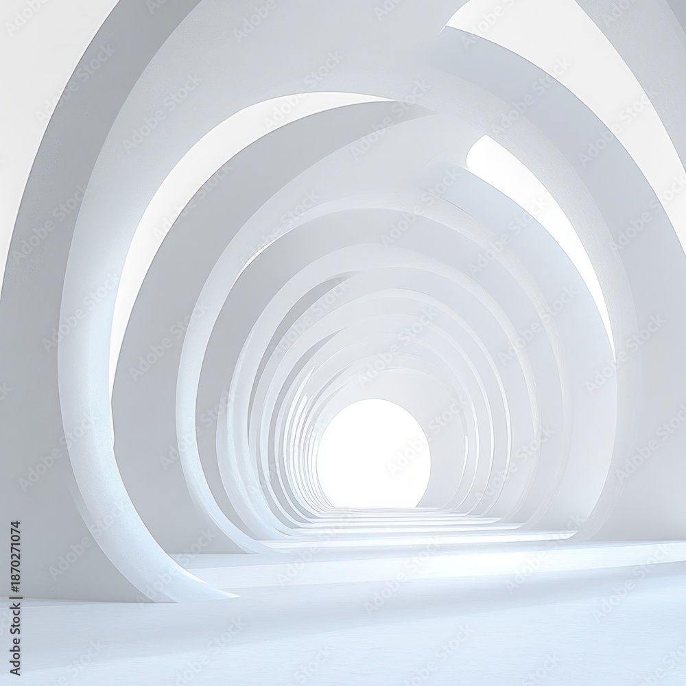 Fototapeta premium Minimal white vaulted corridor with repeating curved arches and skylights, a serene futuristic interior glowing toward a bright vanishing exit