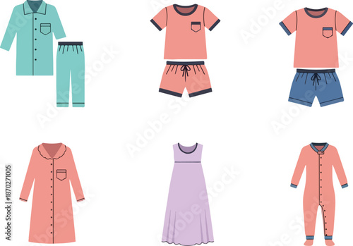 Six illustrated sets of sleepwear displayed against a white background