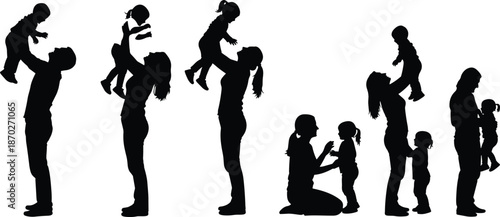 Happy family silhouettes mother father playing lifting children isolated on white background parenting love care vector illustration set