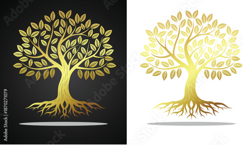 Vector logo image of a shady tree with beautiful and cool golden leaves for various design purposes and so on with a transparent, black and white background.