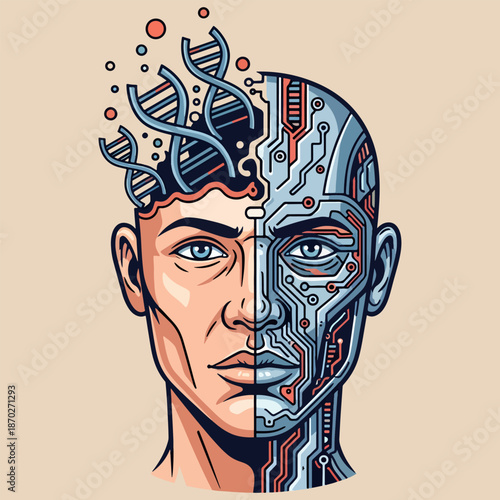 Artificial Intelligence AI Vector Illustration, Half Human Half Robot Head with DNA