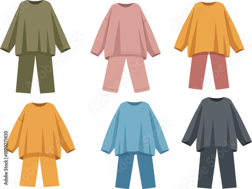 Six illustrations of oversized longsleeved pajama sets in different colors