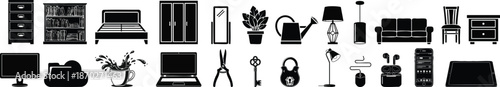 Modern Home Office and Furniture Black Silhouette Icon Set