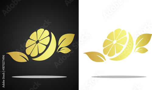 A beautiful and cool vector logo image of a fresh cut orange fruit with golden colored water drops for various design purposes and so on with a transparent, black and white background.