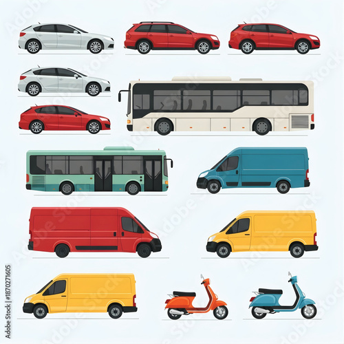 A comprehensive collection of modern transportation vehicles, including various cars, buses, vans, and scooters, presented in a clean, flat design.