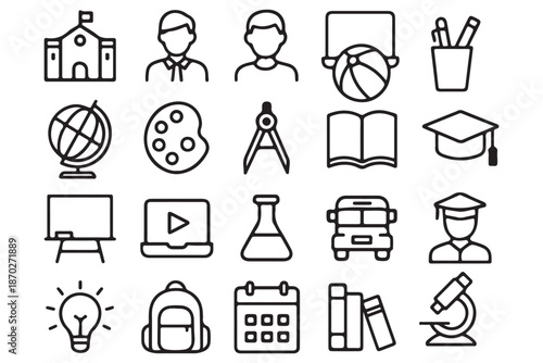 School Web Icon Set in Linear Style. Collection of Education and knowledge line icons, including science, students, online learning, subjects, study, school and more. Editable stroke