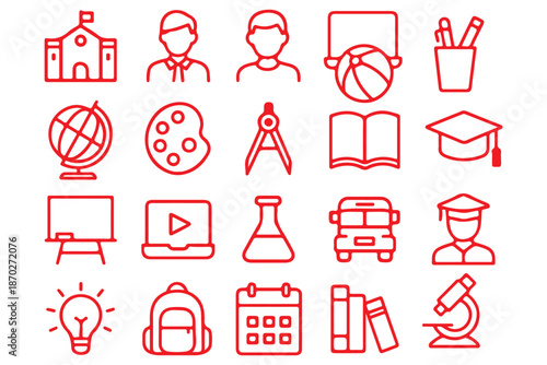 School Web Icon Set in Linear Style. Collection of Education and knowledge line icons, including science, students, online learning, subjects, study, school and more. Editable stroke