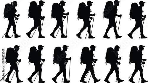 Hikers silhouettes with backpacks and trekking poles walking isolated on white background adventure travel outdoor vector illustration set