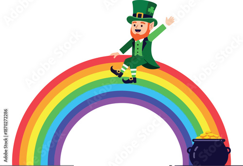 Leprechaun's colorful rainbow adventure with a pot of gold, celebrating Saint Patrick's Day with luck