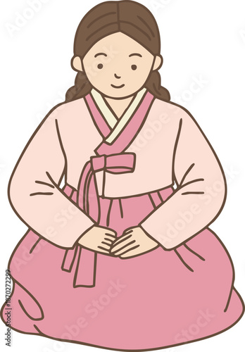 Full‑body illustration of a woman wearing a pink hanbok, politely placing her hands in front of her body while performing a New Year’s bow, color drawing