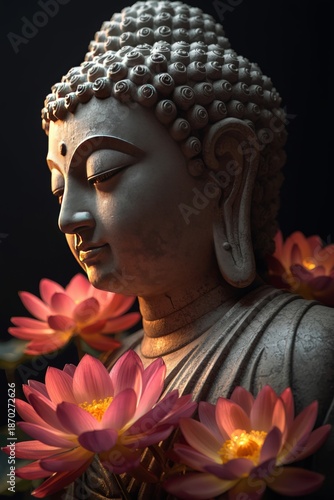 Serene Buddha Statue with Lotus Flowers – Spiritual Meditation and Zen Art