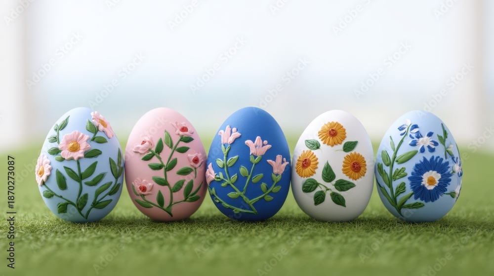 Fototapeta premium Hand-Painted Decorative Easter Eggs with Floral Patterns on Green Grass Background