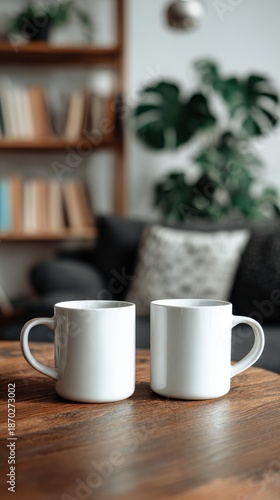 Wallpaper Mural Vibrant photo of Two blank white ceramic mugs on a rustic wooden table in a cozy living room background Torontodigital.ca