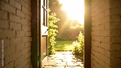 Open Doorway to a Bright Garden - A slightly ajar weathered wooden door opens onto a sunlit garden path, framed by painted brick walls. The bright sunshine creates a warm and inviting atmosphere.