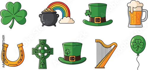 A collection of St. Patrick's Day icons featuring symbols of Irish culture and good fortune