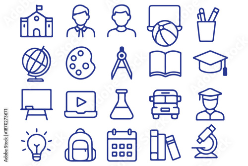 School Web Icon Set in Linear Style. Collection of Education and knowledge line icons, including science, students, online learning, subjects, study, school and more. Editable stroke