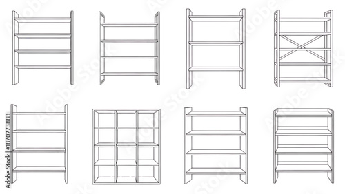 Set of Various Types of Empty Shelving Units and Storage Racks