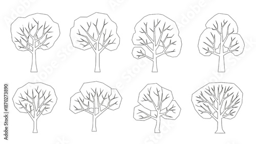 Collection of eight unique minimalist outline tree illustrations, showcasing diverse shapes and forms in a natural setting