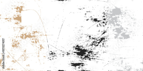 An abstract dark grunge background features a dirty black ink splatter pattern with paint spray stains and an artistic liquid blot border on an old paper texture wall illustration