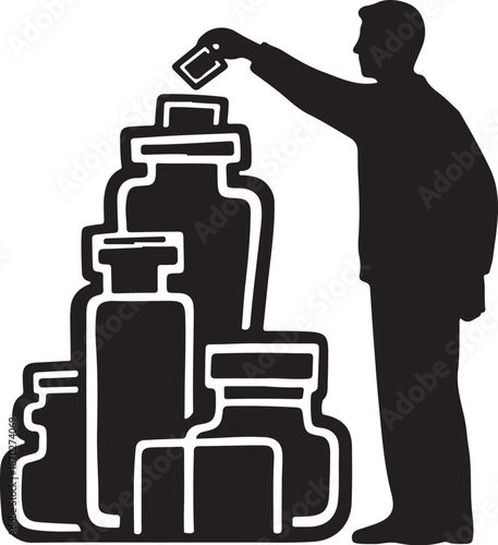 Man stacking jars in a pyramid shape silhouette
